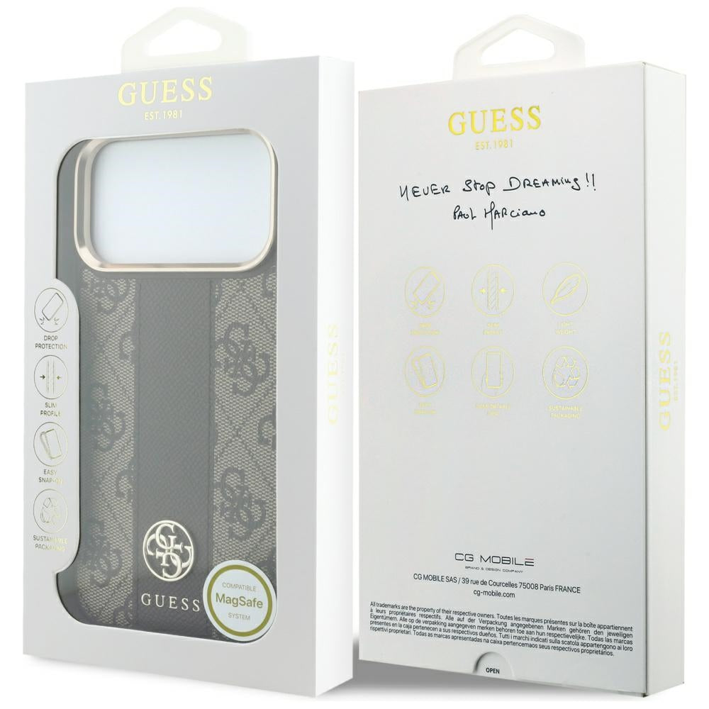 MagSafe-Hülle für Apple iPhone 18 Pro Max / 17 Pro Max, Guess, 4G Stripe Rundes Klassisches Logo, Braun