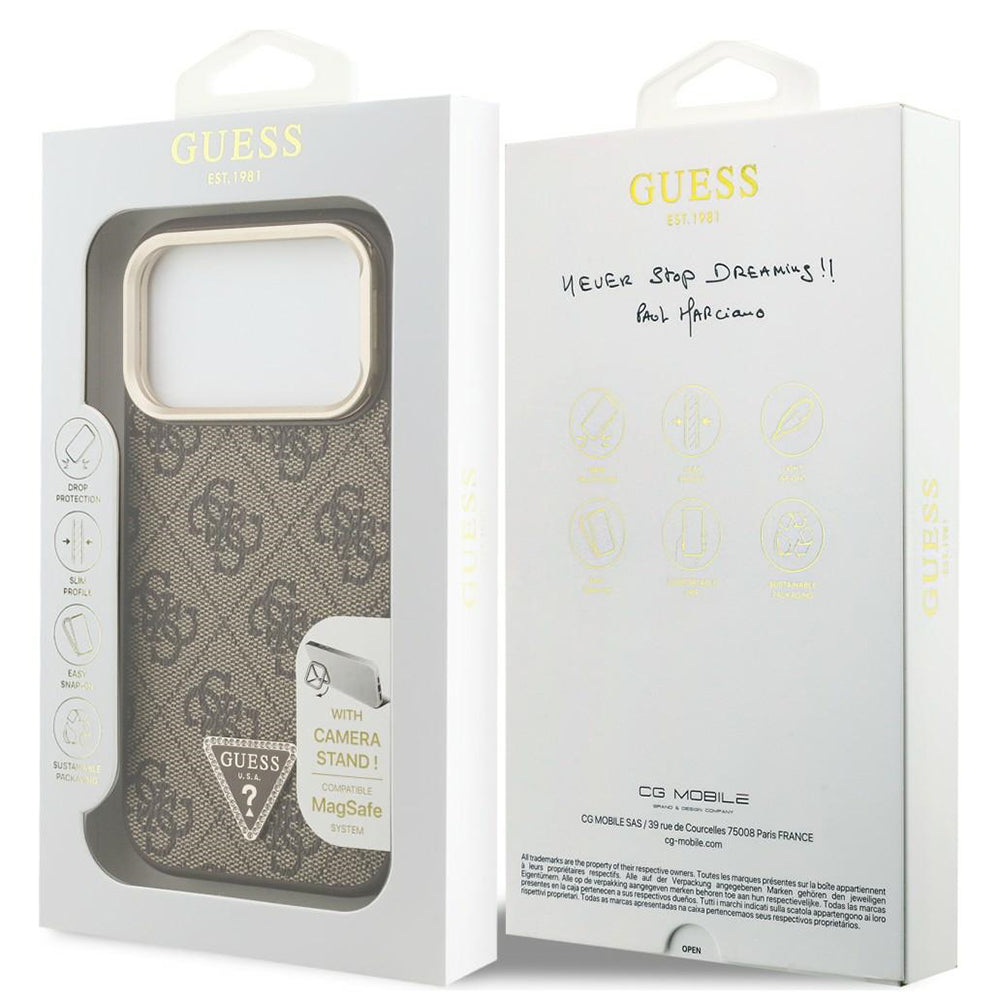 Coque MagSafe pour Apple iPhone 18 Pro Max / 17 Pro Max, Guess, logo triangulaire 4G et support pour appareil photo, marron