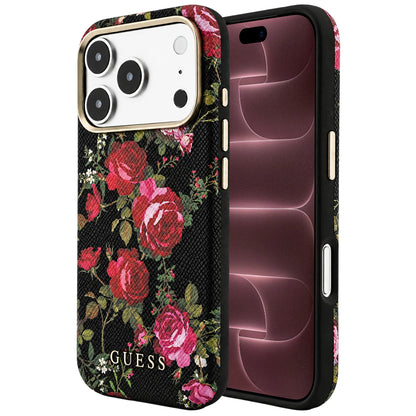 Coque MagSafe pour Apple iPhone 18 Pro Max / 17 Pro Max, Guess, motif Blossom Roses, noire