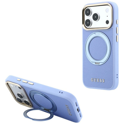MagSafe-Hülle für Apple iPhone 18 Pro Max / 17 Pro Max, Guess, Grained Ring Stand 360 Classic, Bleu
