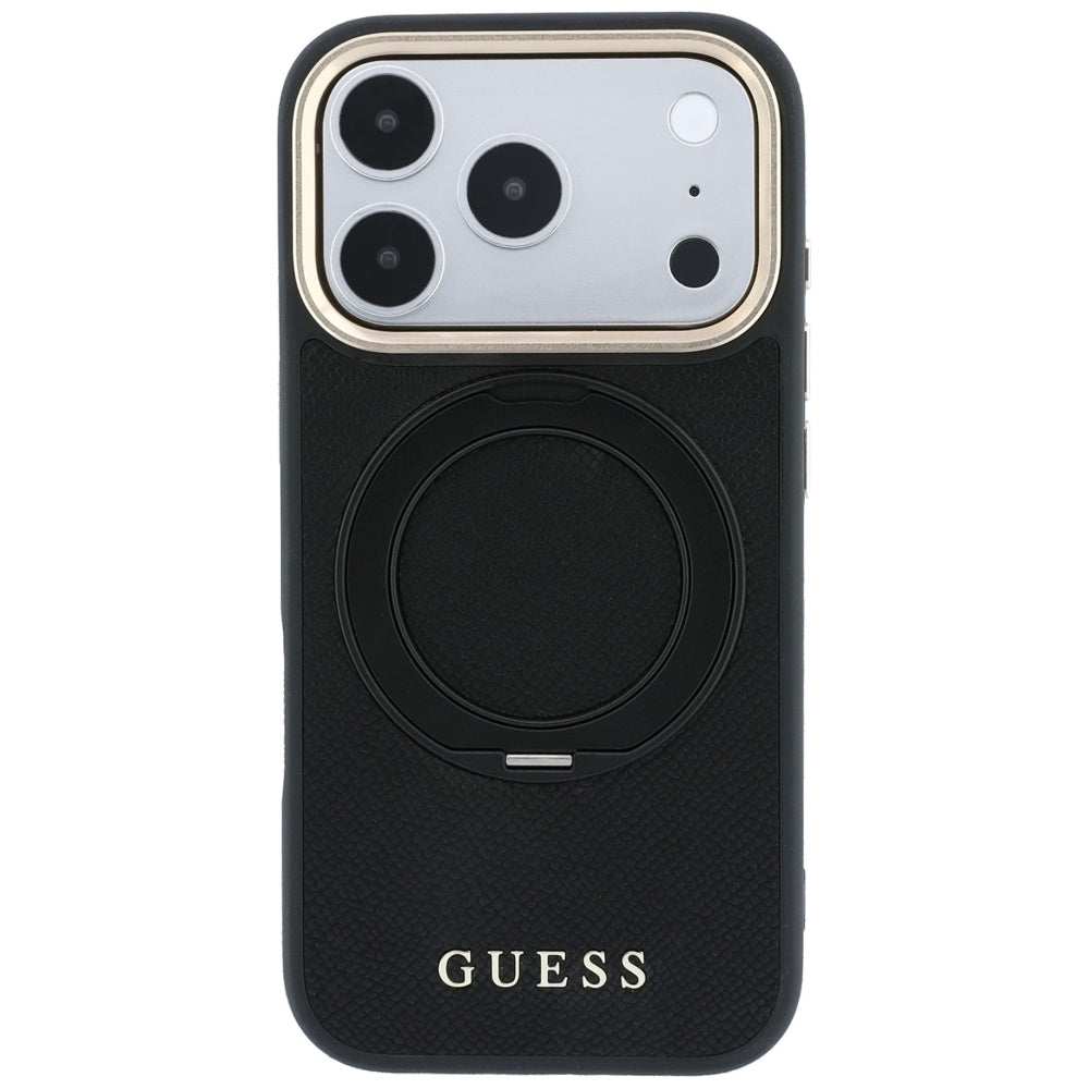 Custodia MagSafe per Apple iPhone 18 Pro Max / 17 Pro Max, Guess, Grained Ring Stand 360 Classic, nera