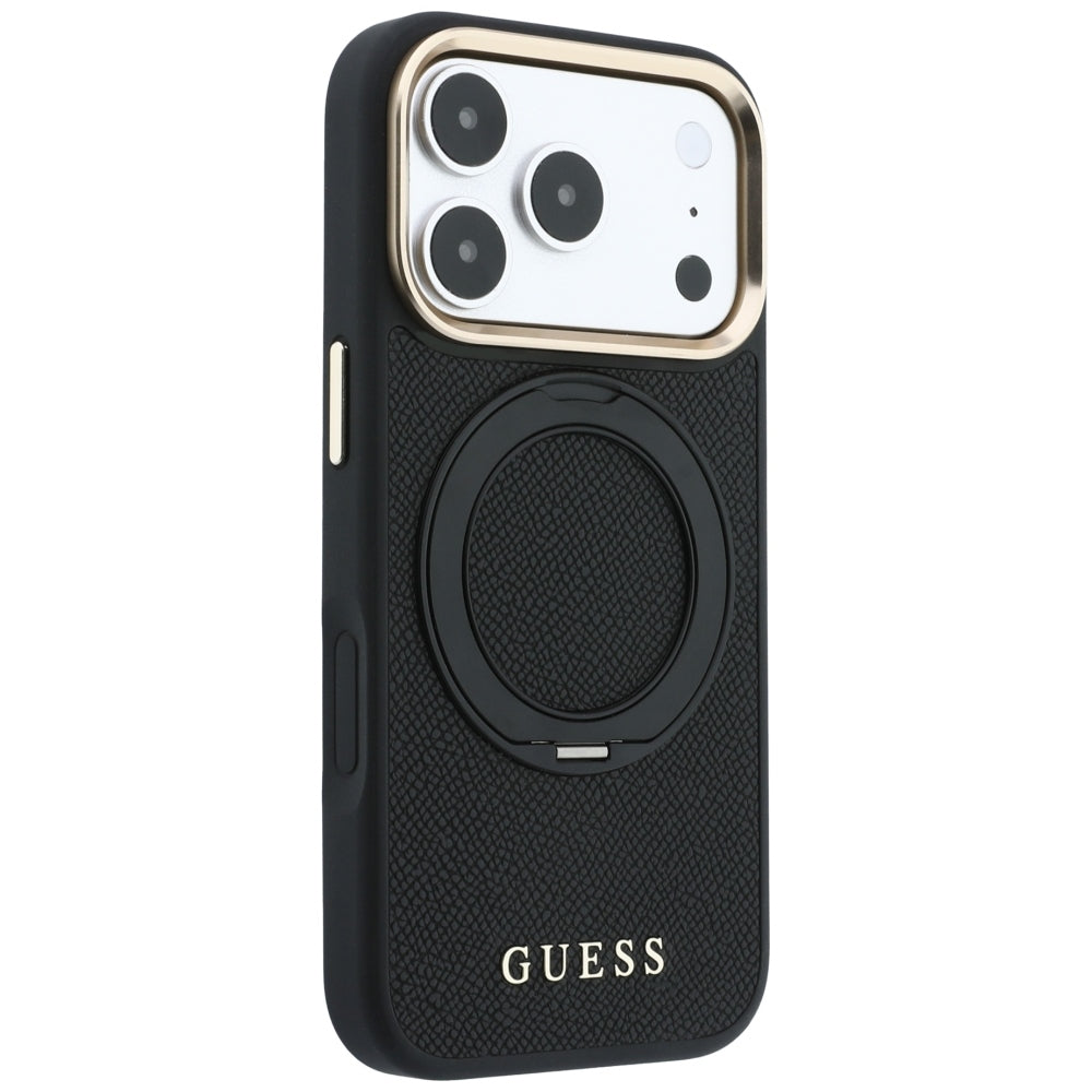 Custodia MagSafe per Apple iPhone 18 Pro Max / 17 Pro Max, Guess, Grained Ring Stand 360 Classic, nera