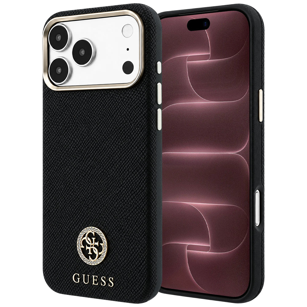MagSafe-Hülle für Apple iPhone 18 Pro Max / 17 Pro Max, Guess, genarbtes rundes Strass-Logo, Schwarz