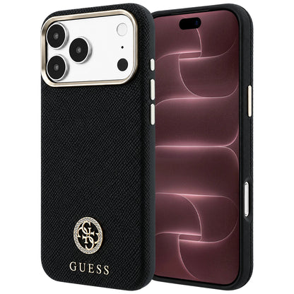 MagSafe-Hülle für Apple iPhone 18 Pro Max / 17 Pro Max, Guess, genarbtes rundes Strass-Logo, Schwarz