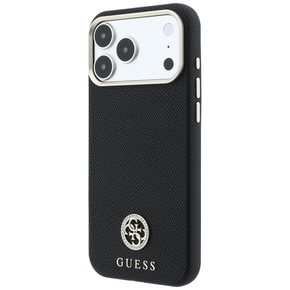 MagSafe-Hülle für Apple iPhone 18 Pro Max / 17 Pro Max, Guess, genarbtes rundes Strass-Logo, Schwarz
