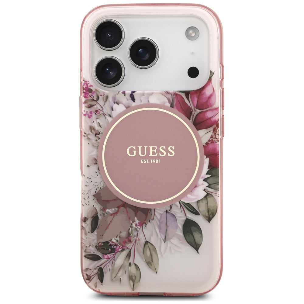Coque MagSafe pour Apple iPhone 18 Pro Max / 17 Pro Max, Guess, IML Flower & Tonal Circle, rose