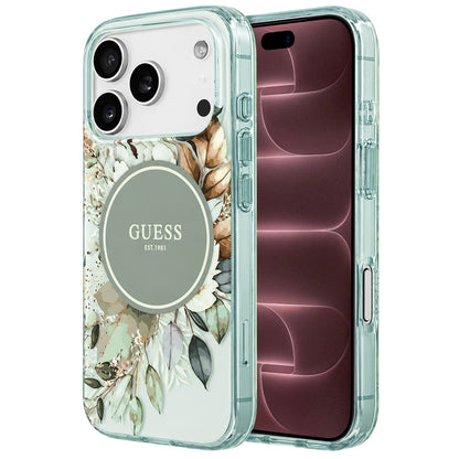 Coque MagSafe pour Apple iPhone 18 Pro Max / 17 Pro Max, Guess, IML Flower & Tonal Circle, verte