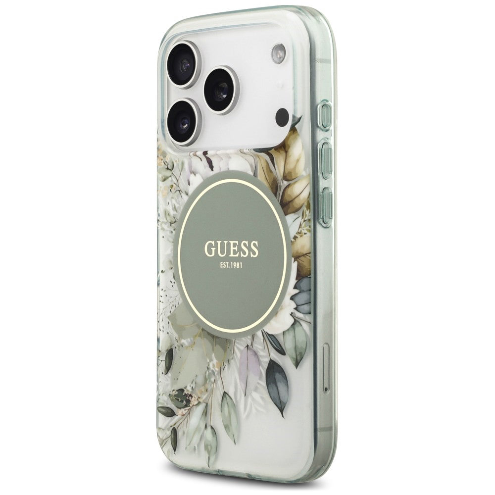 Coque MagSafe pour Apple iPhone 18 Pro Max / 17 Pro Max, Guess, IML Flower & Tonal Circle, verte