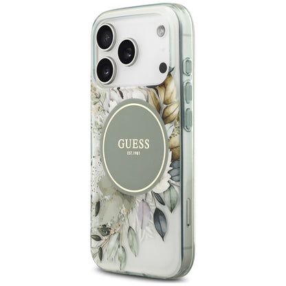 Coque MagSafe pour Apple iPhone 18 Pro Max / 17 Pro Max, Guess, IML Flower & Tonal Circle, verte