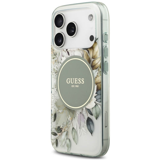 Coque MagSafe pour Apple iPhone 18 Pro Max / 17 Pro Max, Guess, IML Flower & Tonal Circle, verte