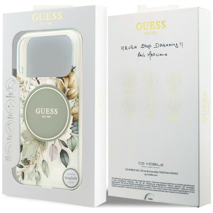Coque MagSafe pour Apple iPhone 18 Pro Max / 17 Pro Max, Guess, IML Flower & Tonal Circle, verte
