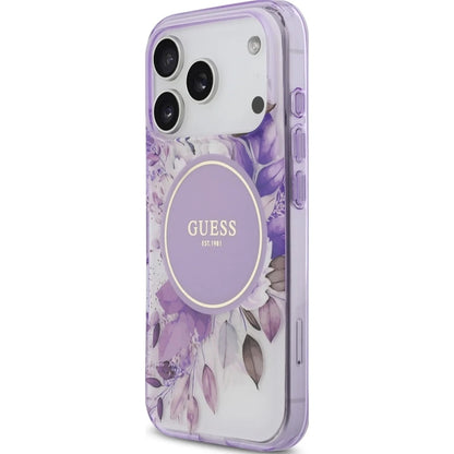 Coque MagSafe pour Apple iPhone 18 Pro Max / 17 Pro Max, Guess, IML Flowers with Pearl Strap, violette