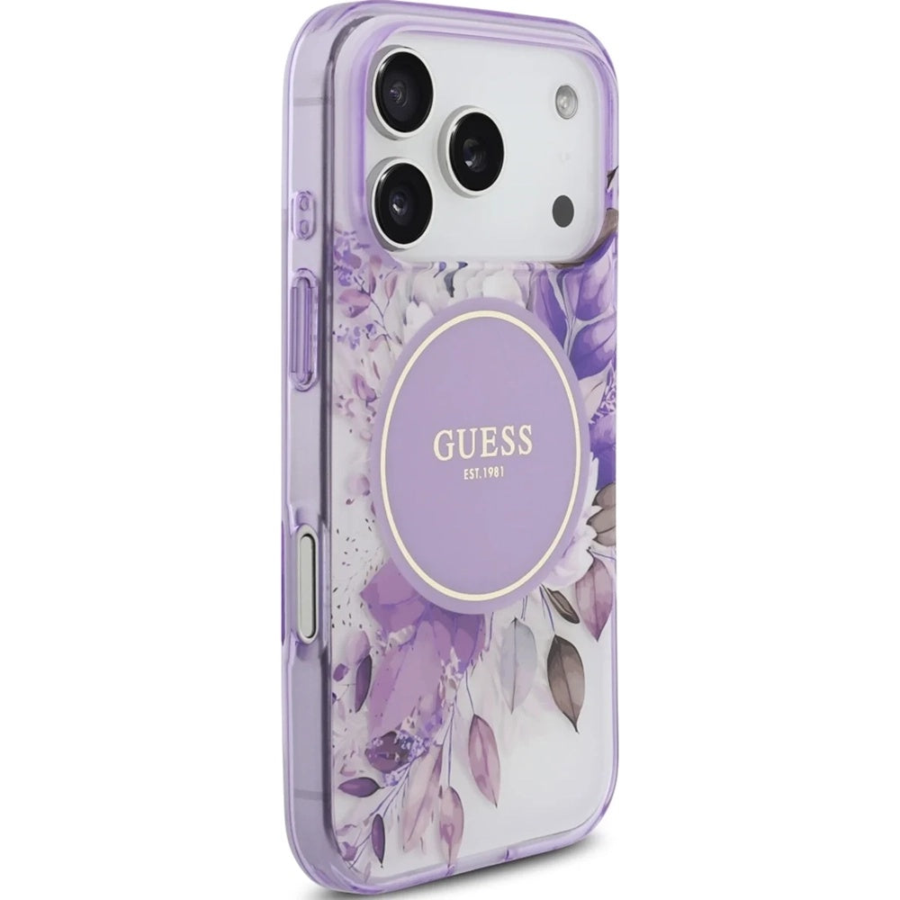 Coque MagSafe pour Apple iPhone 18 Pro Max / 17 Pro Max, Guess, IML Flowers with Pearl Strap, violette