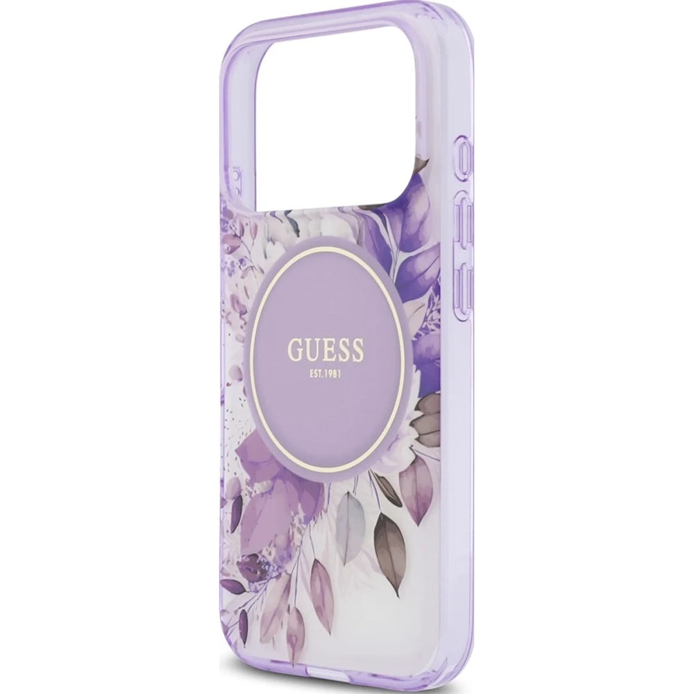 Coque MagSafe pour Apple iPhone 18 Pro Max / 17 Pro Max, Guess, IML Flowers with Pearl Strap, violette