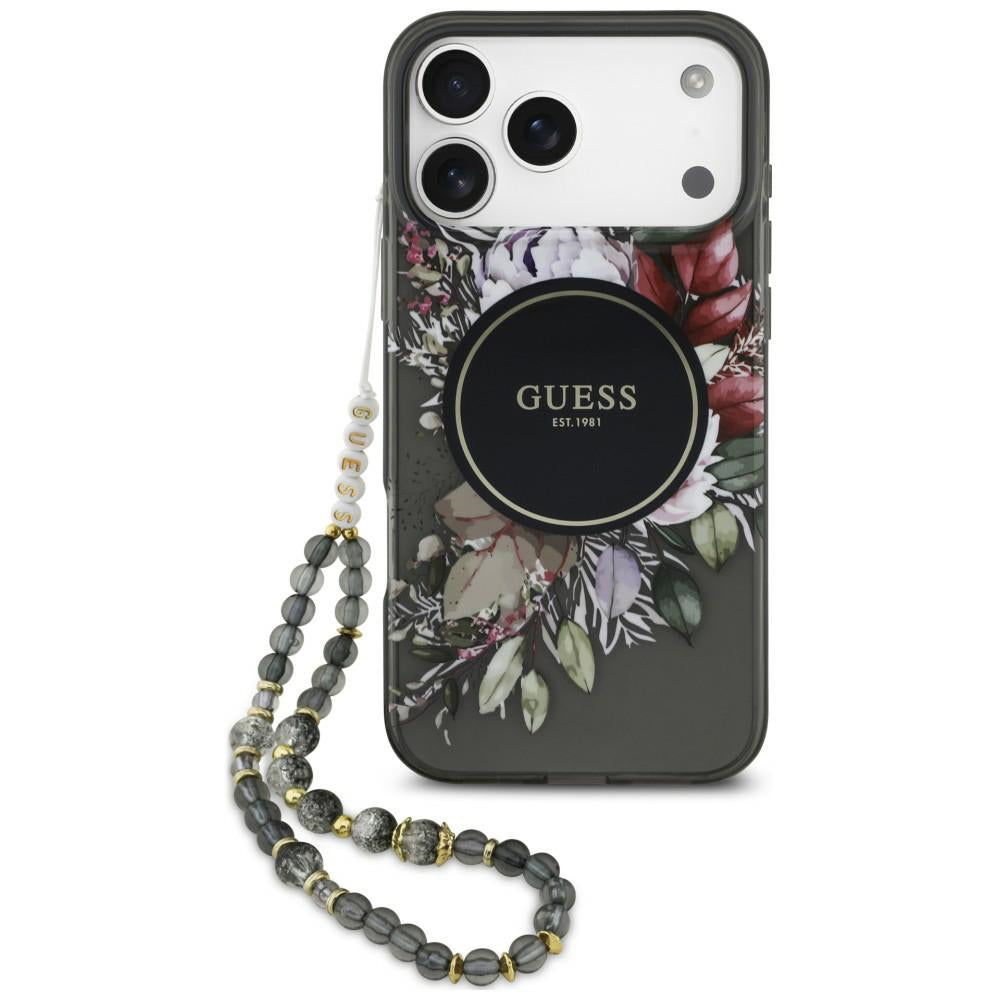 Coque MagSafe pour Apple iPhone 18 Pro Max / 17 Pro Max, Guess, IML Flowers with Pearl Strap, noire