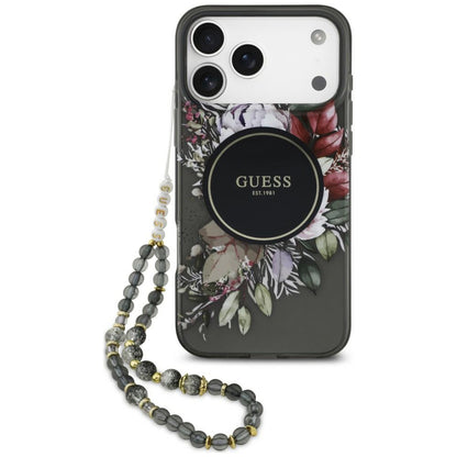 Coque MagSafe pour Apple iPhone 18 Pro Max / 17 Pro Max, Guess, IML Flowers with Pearl Strap, noire
