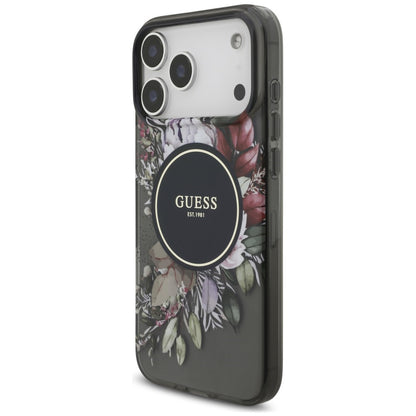 Coque MagSafe pour Apple iPhone 18 Pro Max / 17 Pro Max, Guess, IML Flowers with Pearl Strap, noire