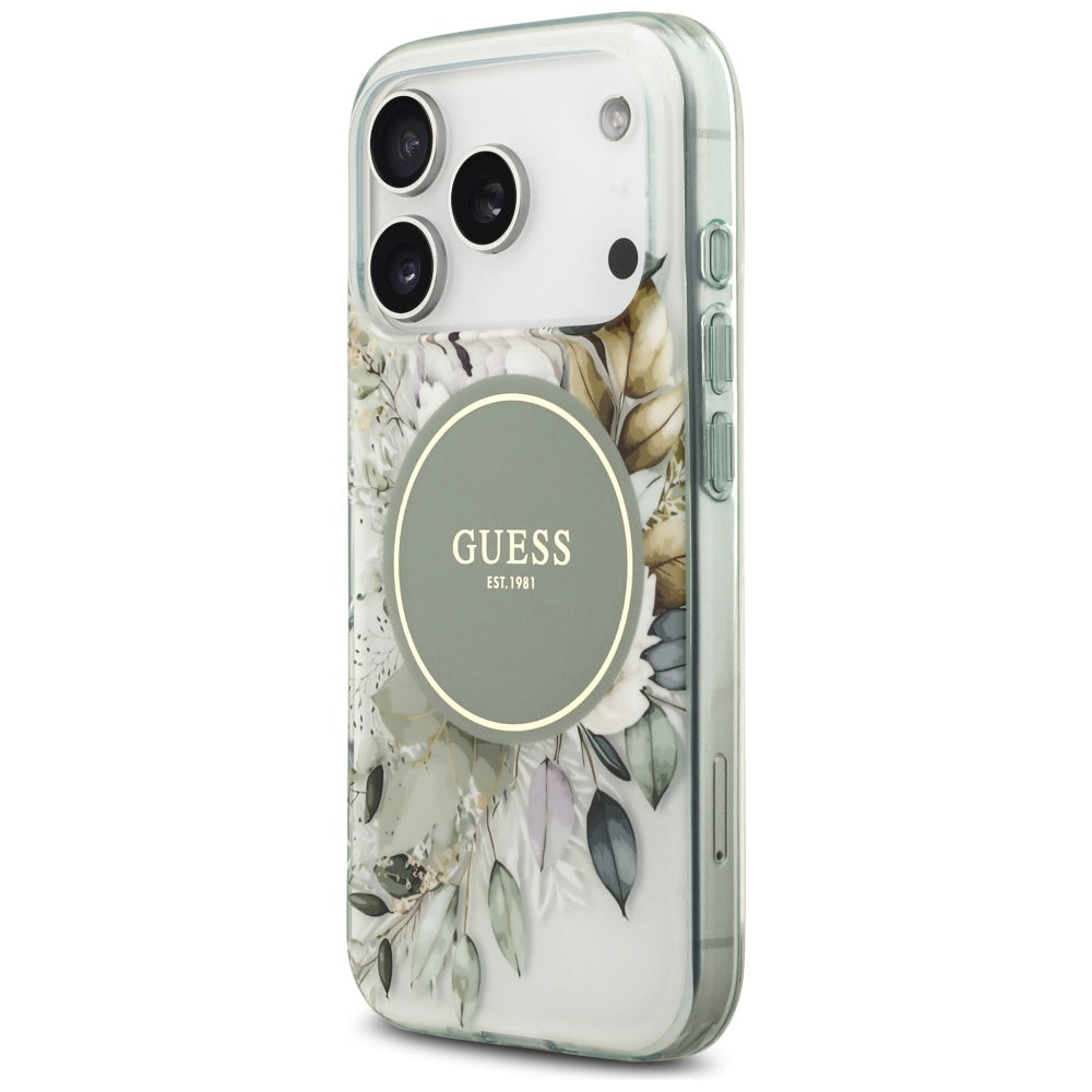 Coque MagSafe pour Apple iPhone 18 Pro Max / 17 Pro Max, Guess, IML Flowers with Pearl Strap, verte