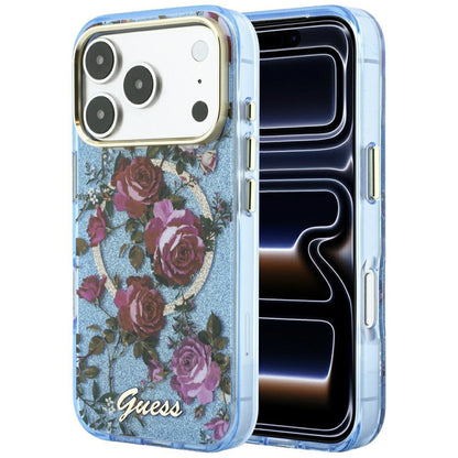 MagSafe-Hülle für Apple iPhone 18 Pro Max / 17 Pro Max, Guess, IML Glitter Blossom Roses, Blau