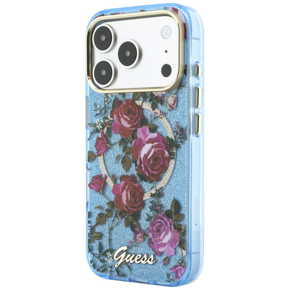 MagSafe-Hülle für Apple iPhone 18 Pro Max / 17 Pro Max, Guess, IML Glitter Blossom Roses, Blau
