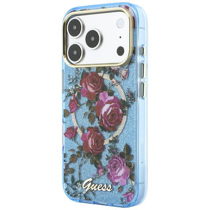MagSafe-Hülle für Apple iPhone 18 Pro Max / 17 Pro Max, Guess, IML Glitter Blossom Roses, Blau