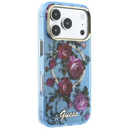 MagSafe-Hülle für Apple iPhone 18 Pro Max / 17 Pro Max, Guess, IML Glitter Blossom Roses, Blau