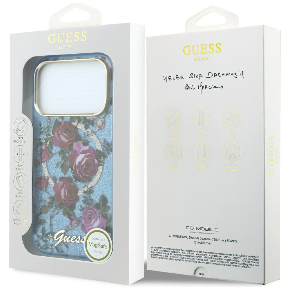 MagSafe-Hülle für Apple iPhone 18 Pro Max / 17 Pro Max, Guess, IML Glitter Blossom Roses, Blau