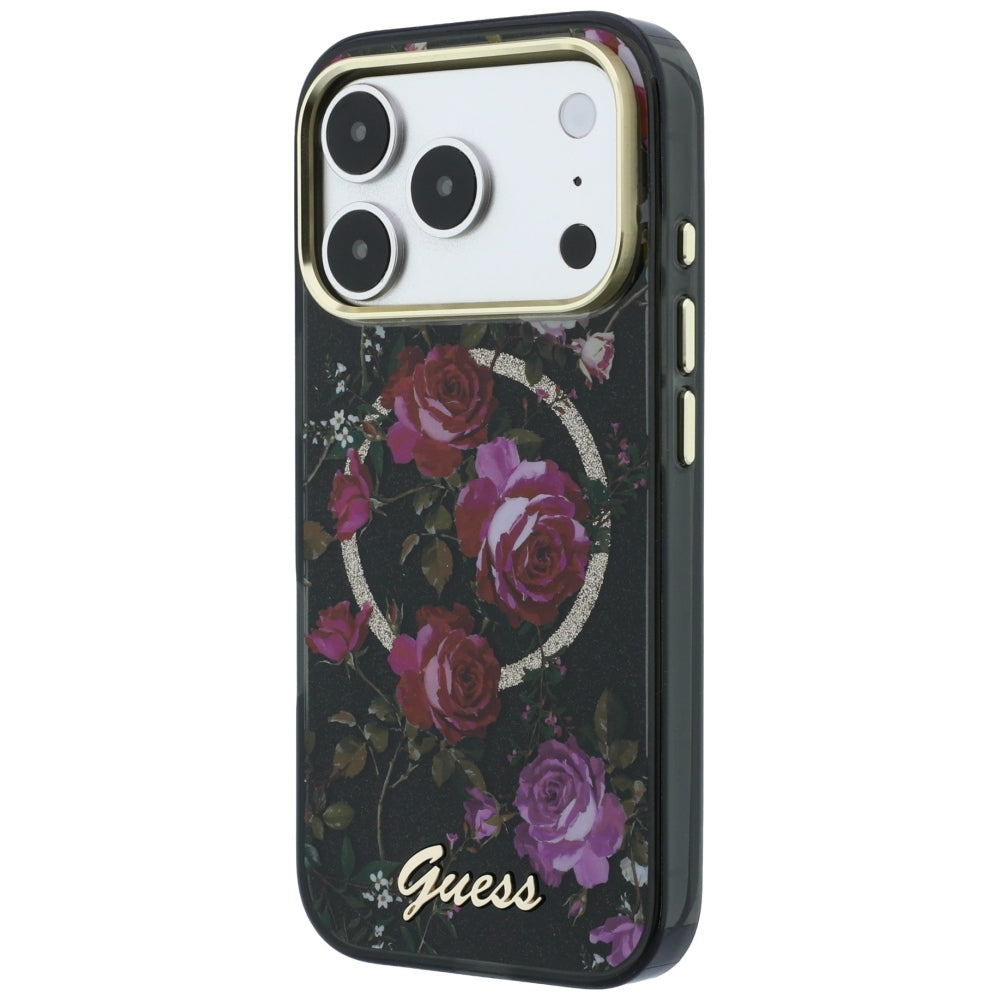Coque MagSafe pour Apple iPhone 18 Pro Max / 17 Pro Max, Guess, IML Glitter Blossom Roses, noire