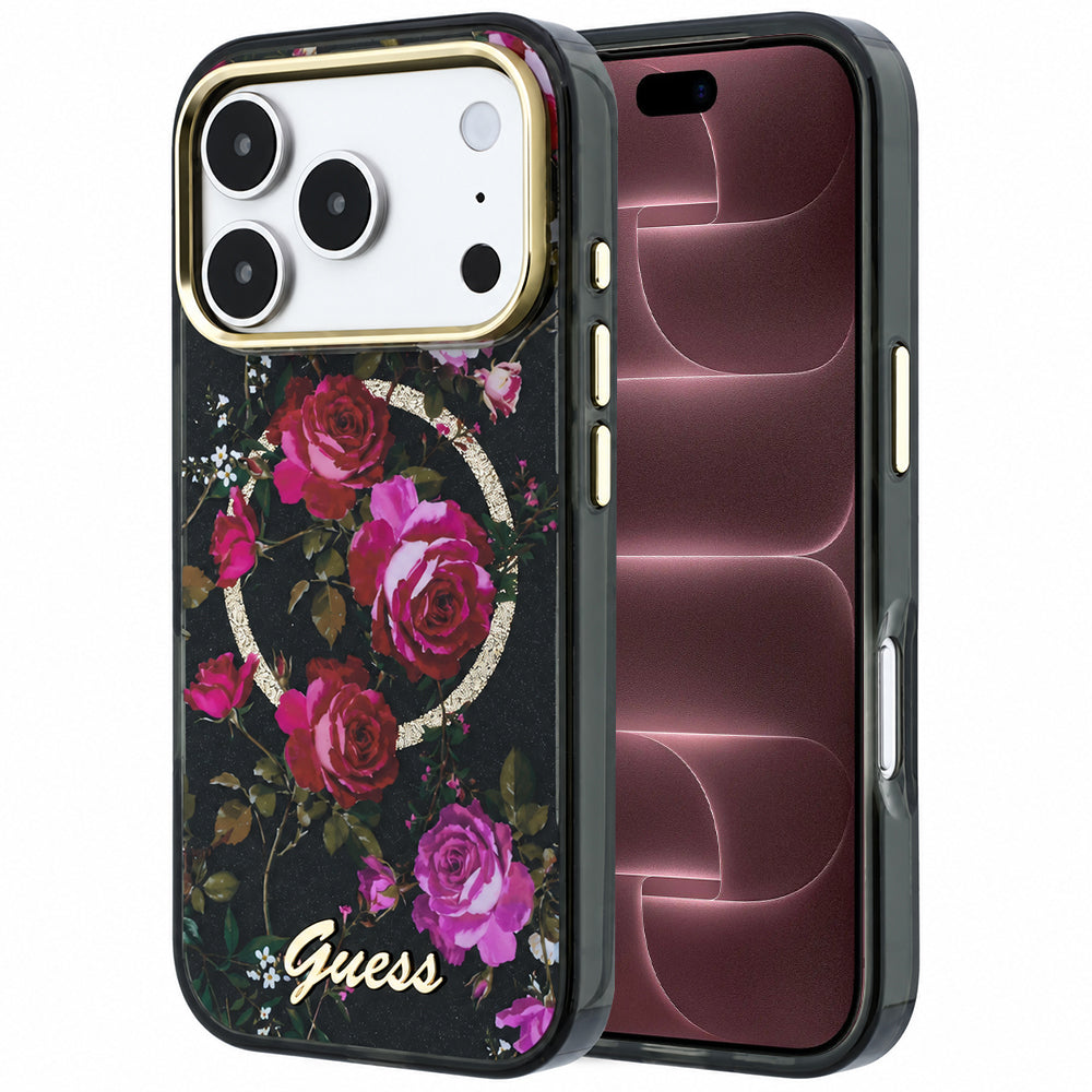 Coque MagSafe pour Apple iPhone 18 Pro Max / 17 Pro Max, Guess, IML Glitter Blossom Roses, noire