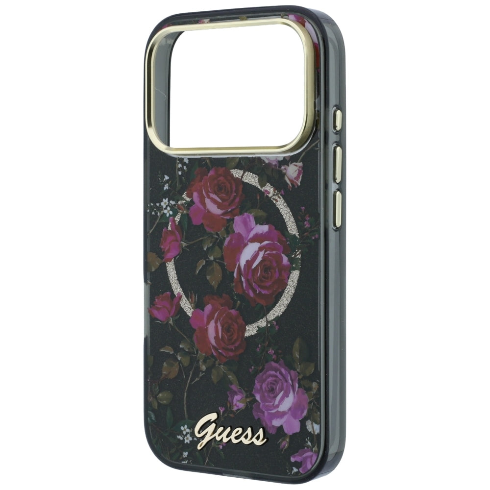 Coque MagSafe pour Apple iPhone 18 Pro Max / 17 Pro Max, Guess, IML Glitter Blossom Roses, noire
