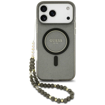 Coque MagSafe pour Apple iPhone 18 Pro Max / 17 Pro Max, Guess, IML Glitter with Pearl Strap, noire