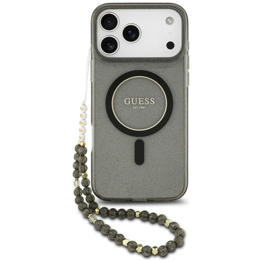 Coque MagSafe pour Apple iPhone 18 Pro Max / 17 Pro Max, Guess, IML Glitter with Pearl Strap, noire