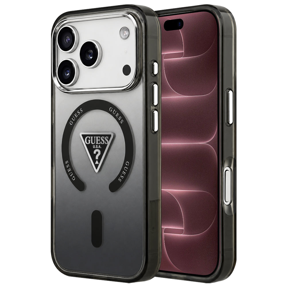 Coque MagSafe pour Apple iPhone 18 Pro Max / 17 Pro Max, Guess, logo triangulaire dégradé IML, noire