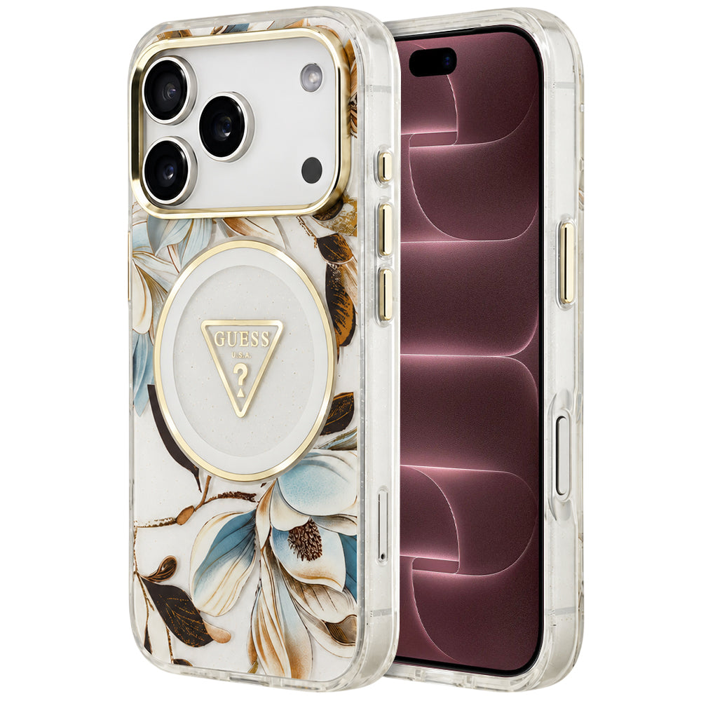 Coque MagSafe pour Apple iPhone 18 Pro Max / 17 Pro Max, Guess, IML Metal Glitter Flowers Triangle, blanche