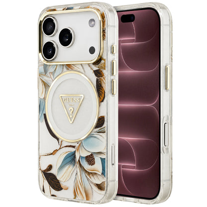 Coque MagSafe pour Apple iPhone 18 Pro Max / 17 Pro Max, Guess, IML Metal Glitter Flowers Triangle, blanche