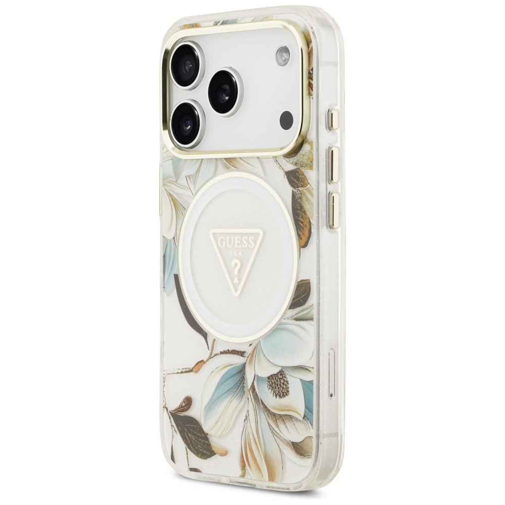 Coque MagSafe pour Apple iPhone 18 Pro Max / 17 Pro Max, Guess, IML Metal Glitter Flowers Triangle, blanche