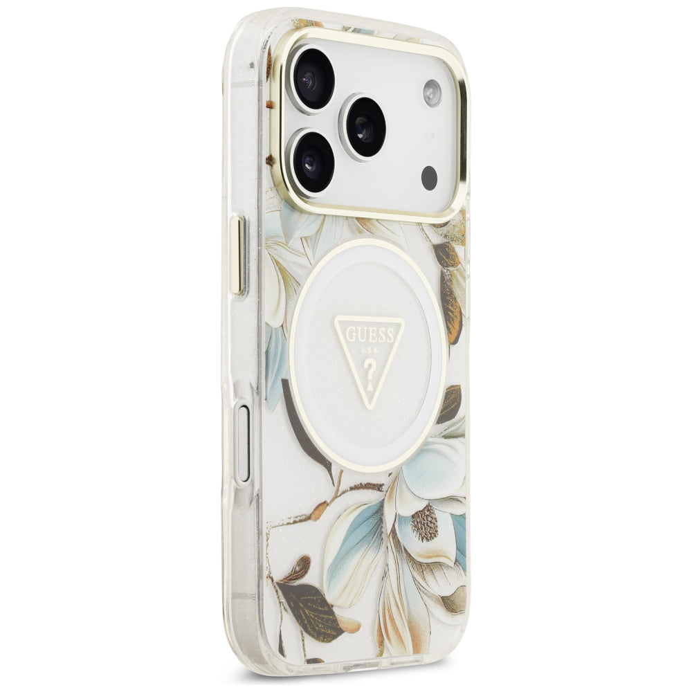 Coque MagSafe pour Apple iPhone 18 Pro Max / 17 Pro Max, Guess, IML Metal Glitter Flowers Triangle, blanche