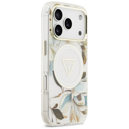 Coque MagSafe pour Apple iPhone 18 Pro Max / 17 Pro Max, Guess, IML Metal Glitter Flowers Triangle, blanche