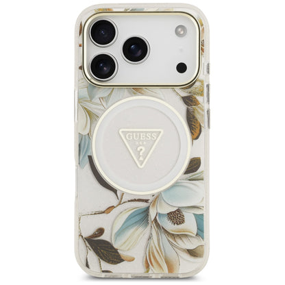 Coque MagSafe pour Apple iPhone 18 Pro Max / 17 Pro Max, Guess, IML Metal Glitter Flowers Triangle, blanche