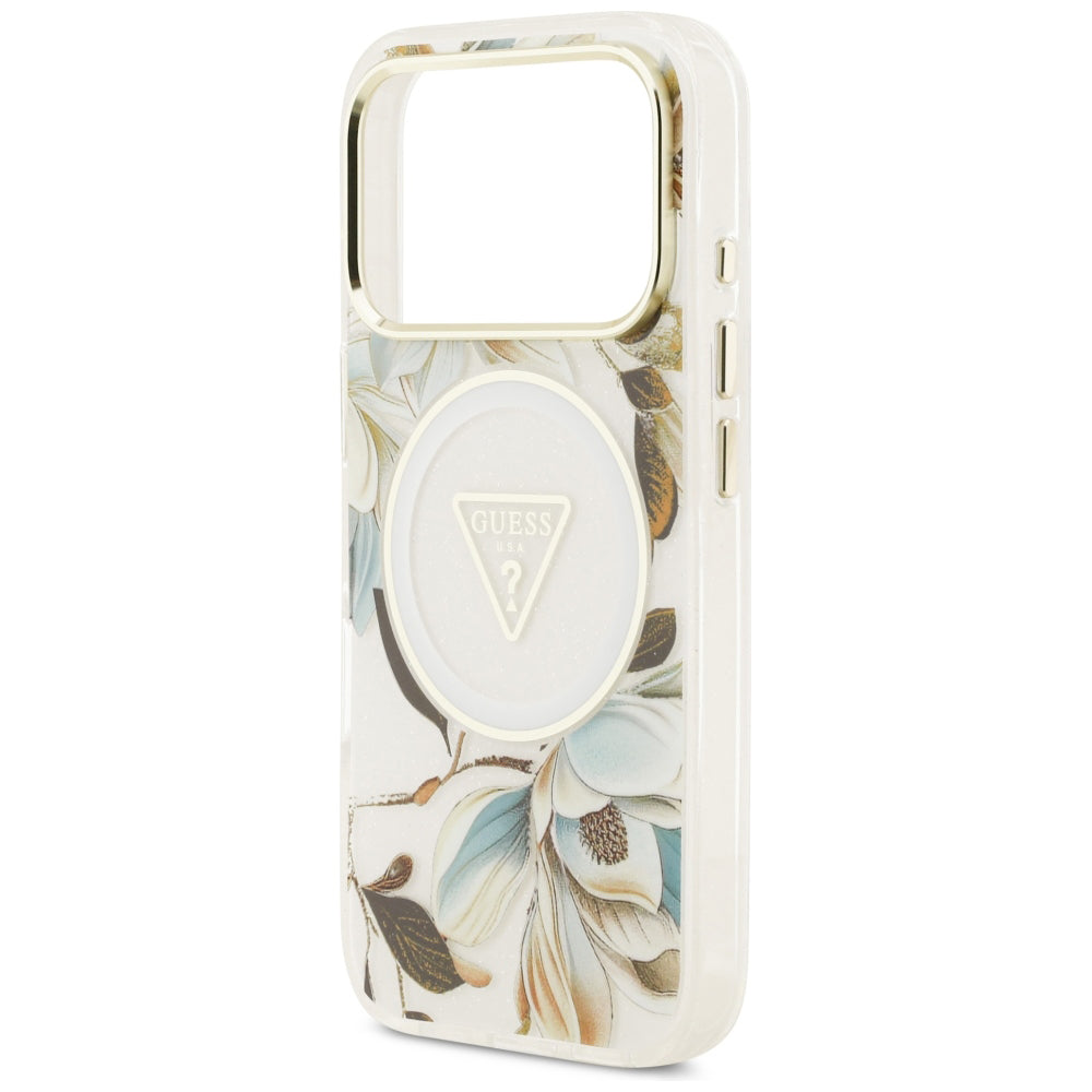Coque MagSafe pour Apple iPhone 18 Pro Max / 17 Pro Max, Guess, IML Metal Glitter Flowers Triangle, blanche