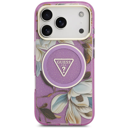 Coque MagSafe pour Apple iPhone 18 Pro Max / 17 Pro Max, Guess, IML Metal Glitter Flowers Triangle, violette