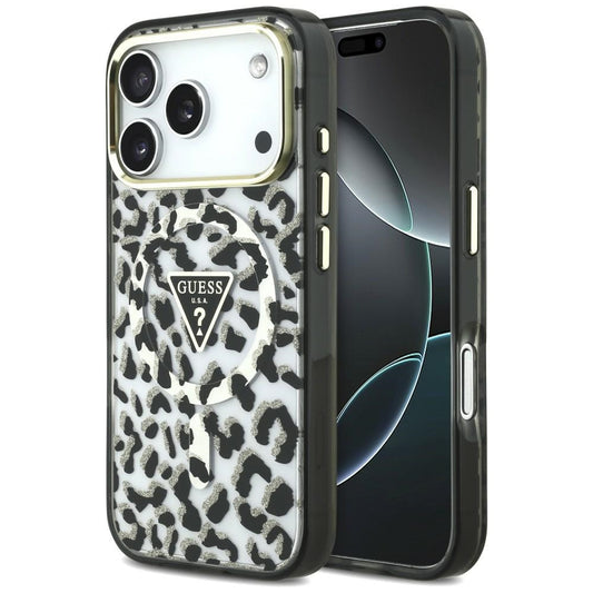 Custodia MagSafe per Apple iPhone 18 Pro Max / 17 Pro Max, Guess, Logo Triangolo Glitter Leopardo, Nera