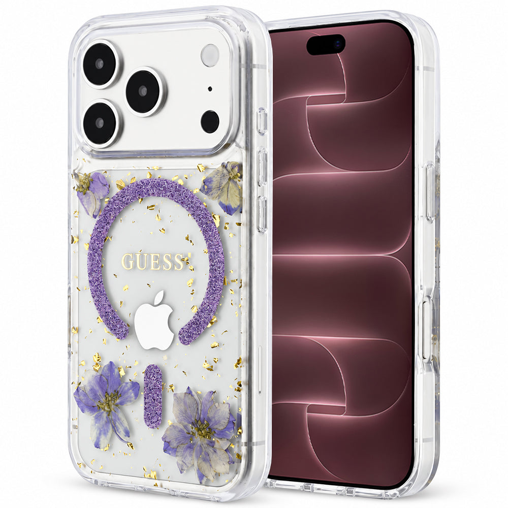 Coque MagSafe pour Apple iPhone 18 Pro Max / 17 Pro Max, Guess, Fleurs en résine et paillettes, Violet