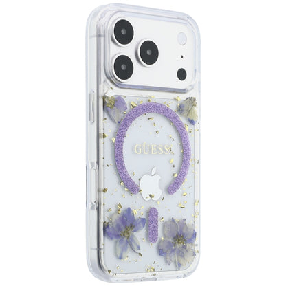 Coque MagSafe pour Apple iPhone 18 Pro Max / 17 Pro Max, Guess, Fleurs en résine et paillettes, Violet