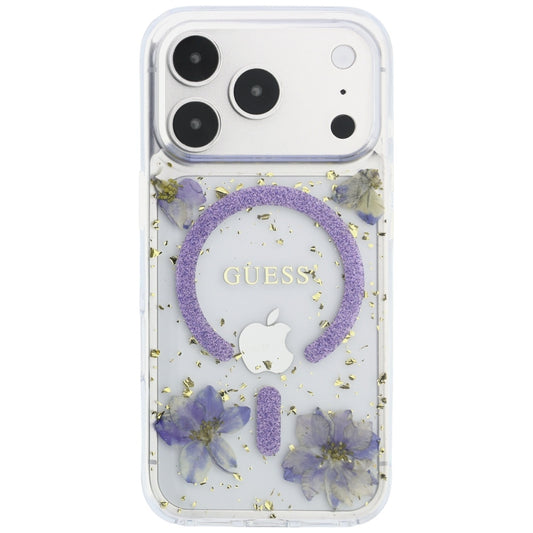 Coque MagSafe pour Apple iPhone 18 Pro Max / 17 Pro Max, Guess, Fleurs en résine et paillettes, Violet