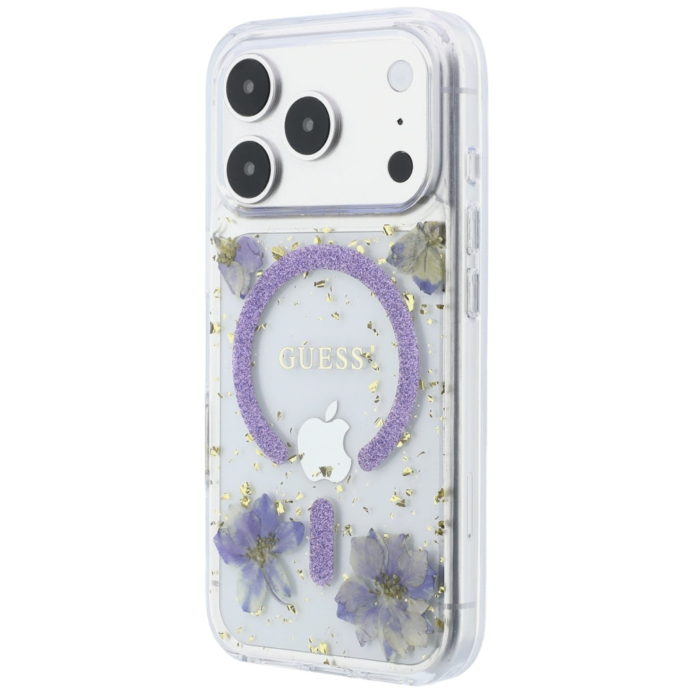 Coque MagSafe pour Apple iPhone 18 Pro Max / 17 Pro Max, Guess, Fleurs en résine et paillettes, Violet
