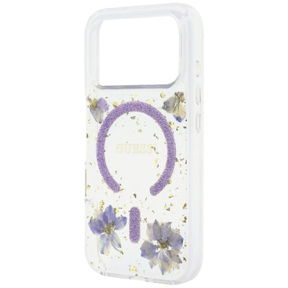 Coque MagSafe pour Apple iPhone 18 Pro Max / 17 Pro Max, Guess, Fleurs en résine et paillettes, Violet