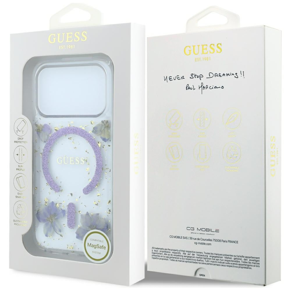 Coque MagSafe pour Apple iPhone 18 Pro Max / 17 Pro Max, Guess, Fleurs en résine et paillettes, Violet
