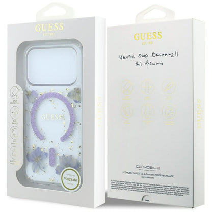 Coque MagSafe pour Apple iPhone 18 Pro Max / 17 Pro Max, Guess, Fleurs en résine et paillettes, Violet