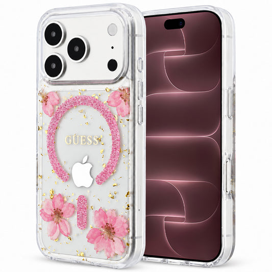 Coque MagSafe pour Apple iPhone 18 Pro Max / 17 Pro Max, Guess, fleurs en résine et paillettes, rose